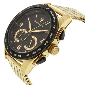 Right angled view of Maserati Traguardo R8873612010 men's quartz battery watch highlighting gold finish and tachymeter bezel details