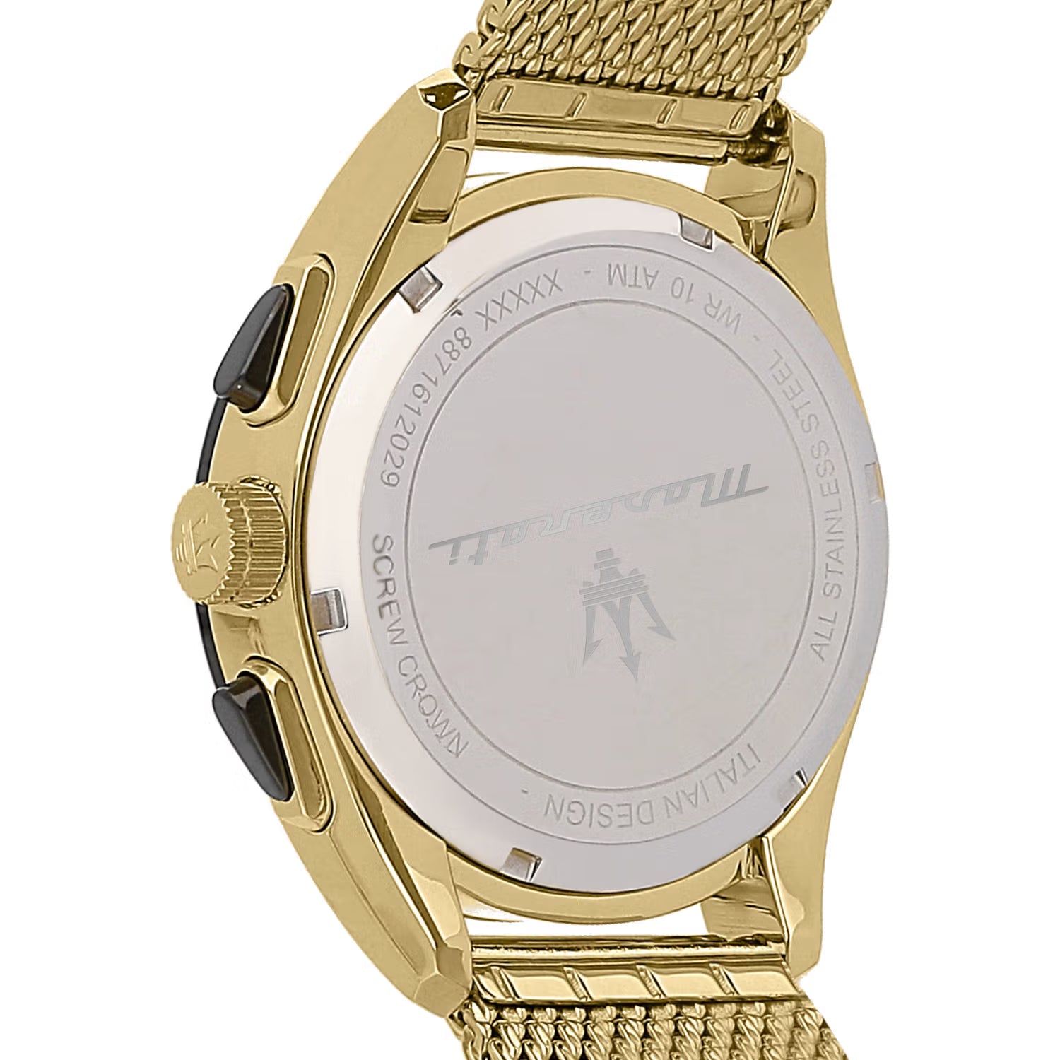 Caseback of Maserati Traguardo R8873612010 men's quartz battery watch showing technical specs 100m water resistance and mesh strap