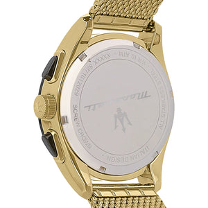 Caseback of Maserati Traguardo R8873612010 men's quartz battery watch showing technical specs 100m water resistance and mesh strap