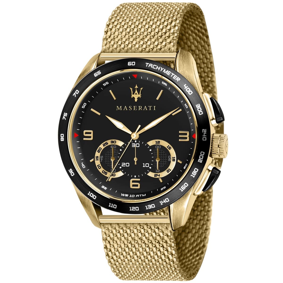 Maserati Traguardo R8873612010 men's quartz battery watch with black sunray dial, gold-tone case, gold stainless steel mesh strap main view