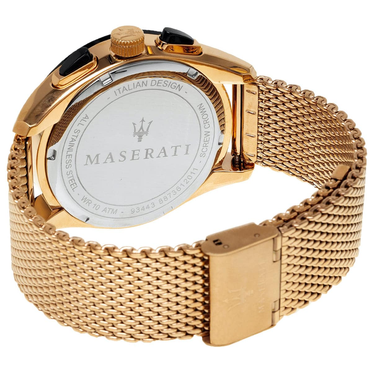 Rose gold-tone sliding buckle on Maserati Traguardo R8873612011 men's quartz battery metal mesh strap watch