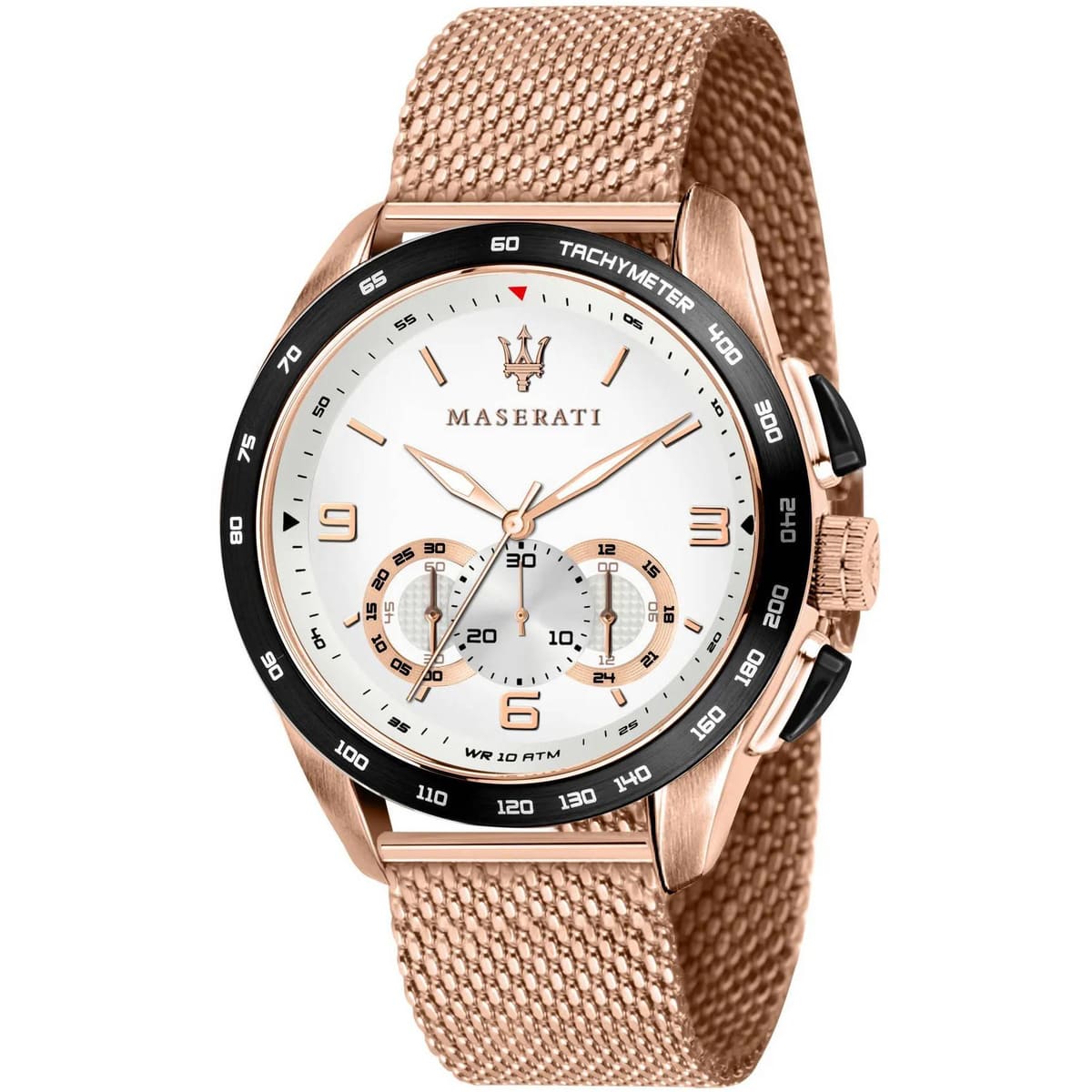 Maserati Traguardo R8873612011 men's quartz battery watch with white racing dial, black tachymeter bezel, rose gold-tone case, rose gold mesh strap main view