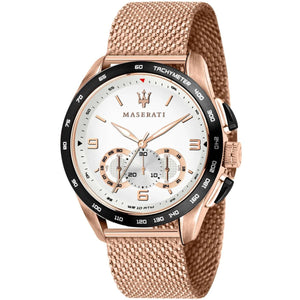 Maserati Traguardo R8873612011 men's quartz battery watch with white racing dial, black tachymeter bezel, rose gold-tone case, rose gold mesh strap main view