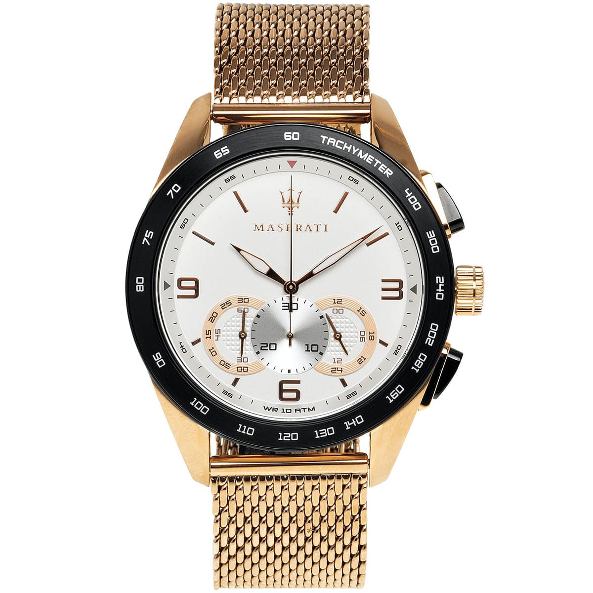 Gold Maserati watch with a white face on a white background