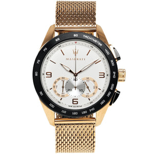 Gold Maserati watch with a white face on a white background