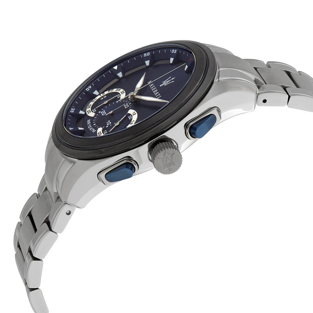 Left angled view of Maserati Traguardo R8873612014 men's quartz battery watch showing silver stainless steel bracelet and case profile