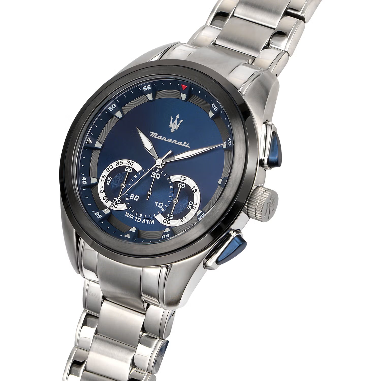 Right angled view of Maserati Traguardo R8873612014 men's quartz battery watch highlighting silver finish and blue accented pushers