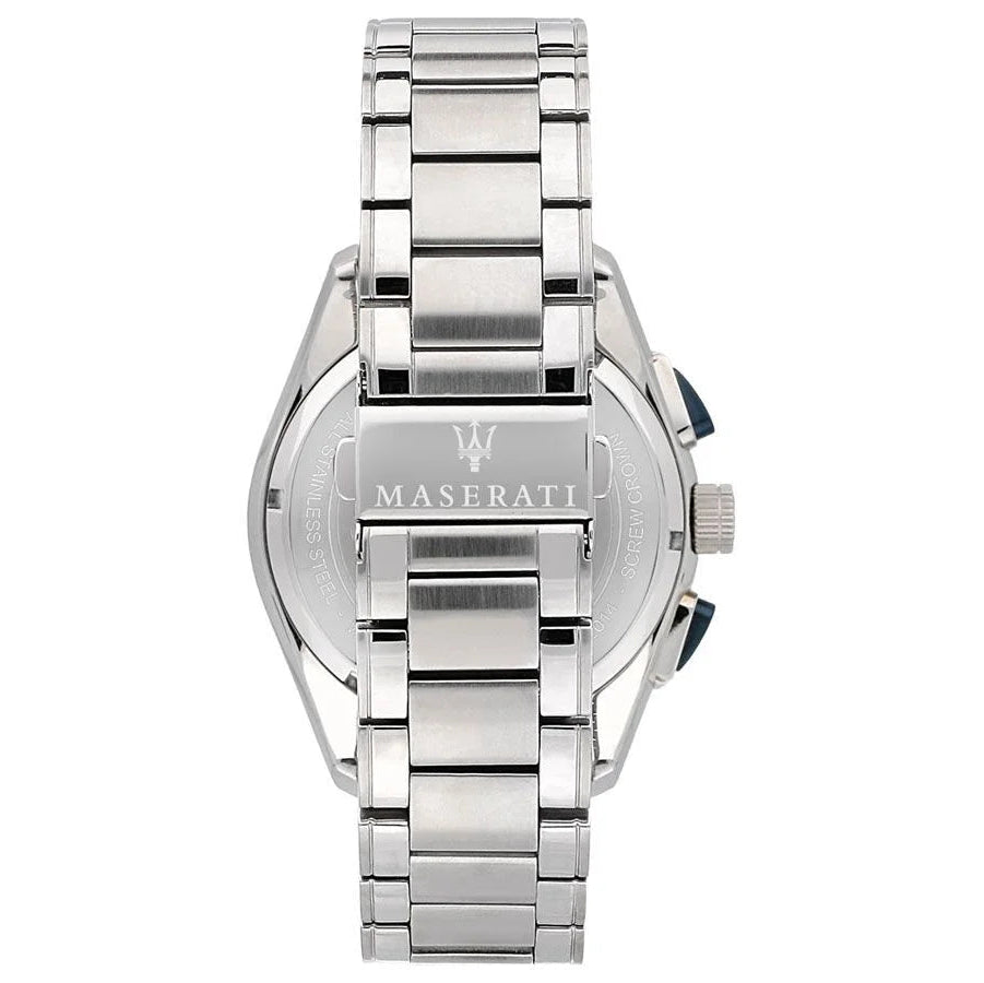 Silver-tone deployment clasp on Maserati Traguardo R8873612014 men's quartz battery metal bracelet watch