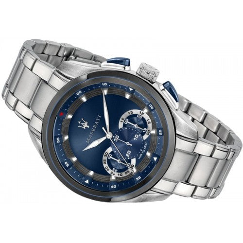 Side profile of Maserati Traguardo R8873612014 men's quartz battery watch showing 12mm thickness and silver finish