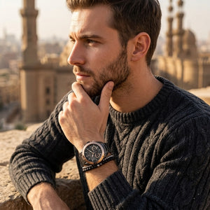 Elegant man wearing Maserati Traguardo R8873612016 men's quartz battery watch with gunmetal grey case and luxury black dial