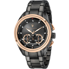 Maserati Traguardo R8873612016 men's quartz battery watch with black dial, gunmetal grey case, rose gold accents, gunmetal stainless steel bracelet main view