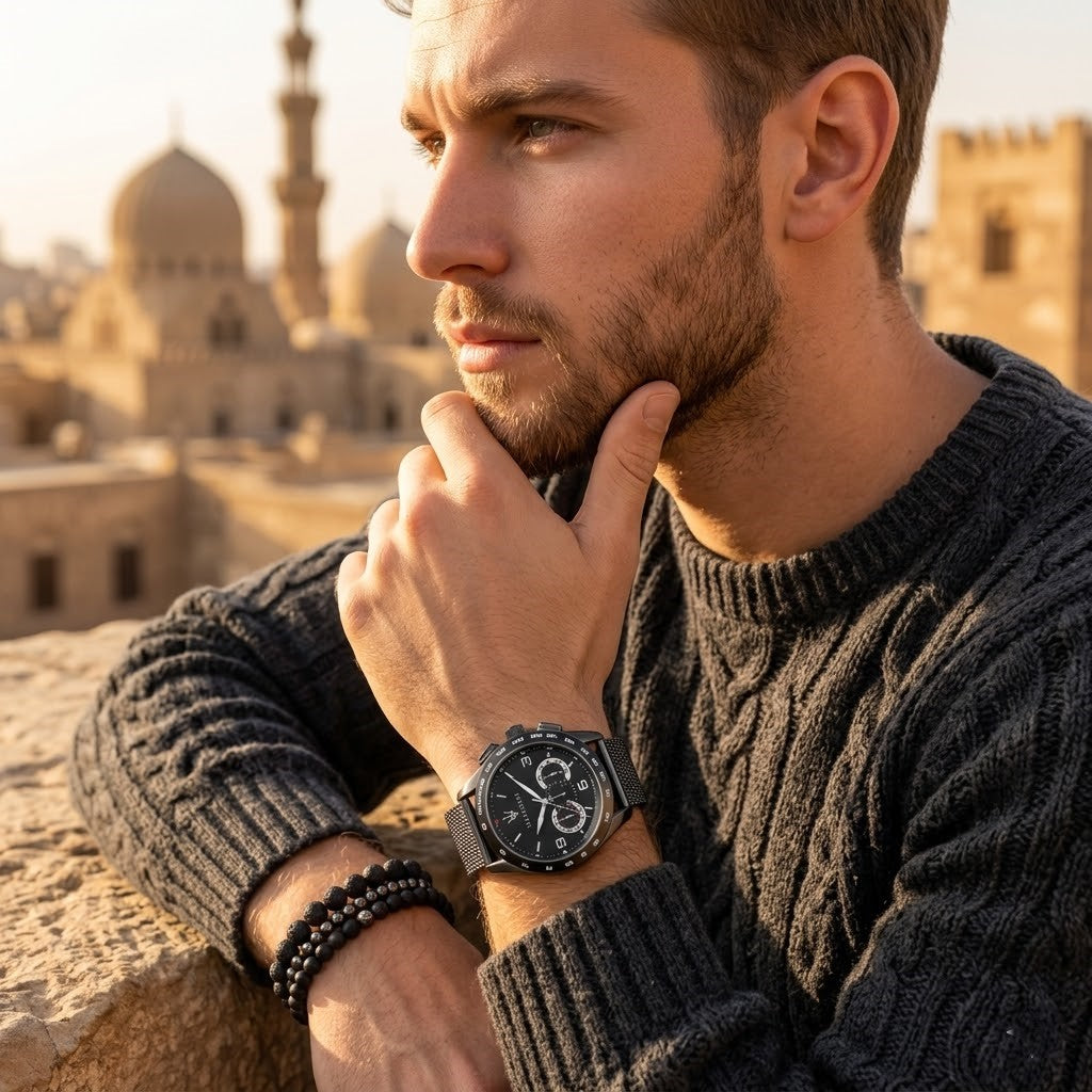 Elegant man wearing Maserati Traguardo R8873612031 men's quartz battery watch with black case and luxury black dial