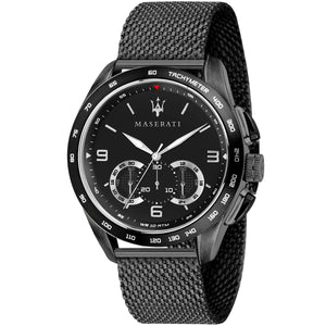 Maserati Traguardo R8873612031 men's quartz battery watch with black sunray dial, black-tone case, black stainless steel mesh strap main view