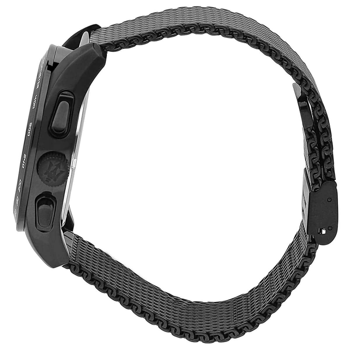 Side profile of Maserati Traguardo R8873612031 men's quartz battery watch showing 12mm thickness and black finish
