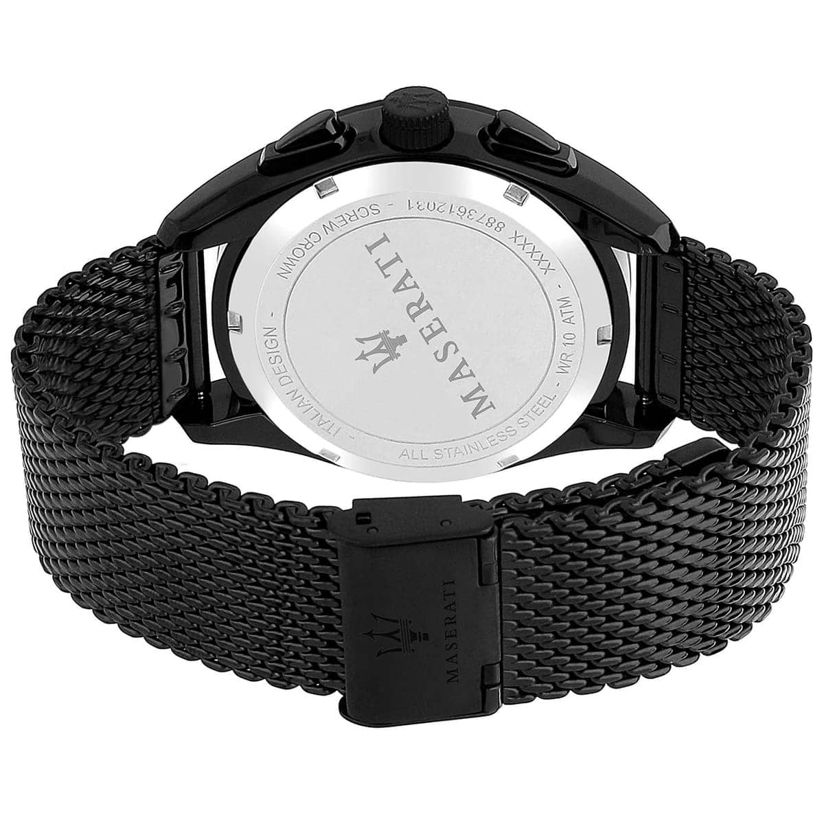 Black-tone sliding mesh clasp on Maserati Traguardo R8873612031 men's quartz battery black mesh metal watch