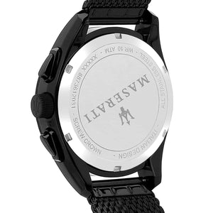 Caseback of Maserati Traguardo R8873612031 men's quartz battery watch showing technical specs 100m water resistance and mesh strap