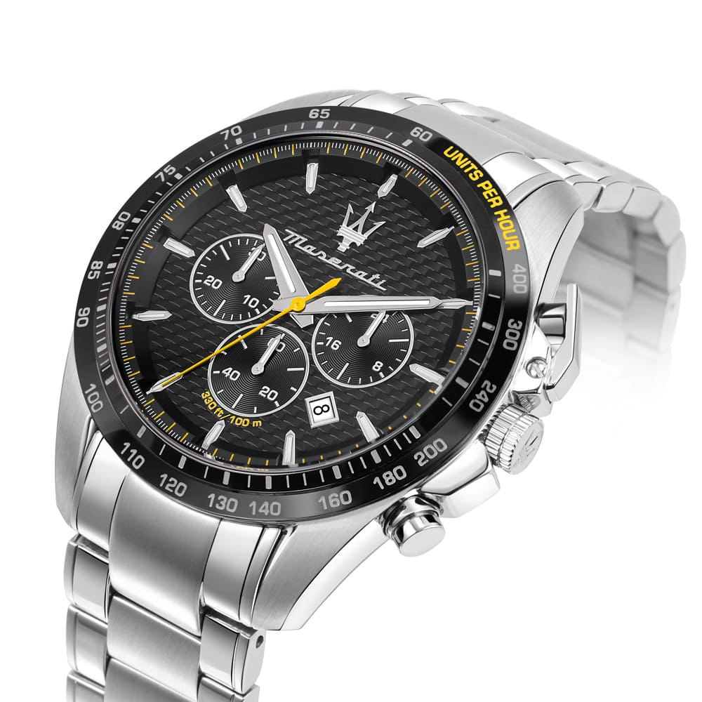 Right angled view of Maserati Traguardo R8873612042 men's quartz battery watch highlighting silver finish and chronograph details