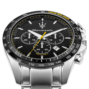 Left angled view of Maserati Traguardo R8873612042 men's quartz battery watch showing silver stainless steel bracelet and case profile