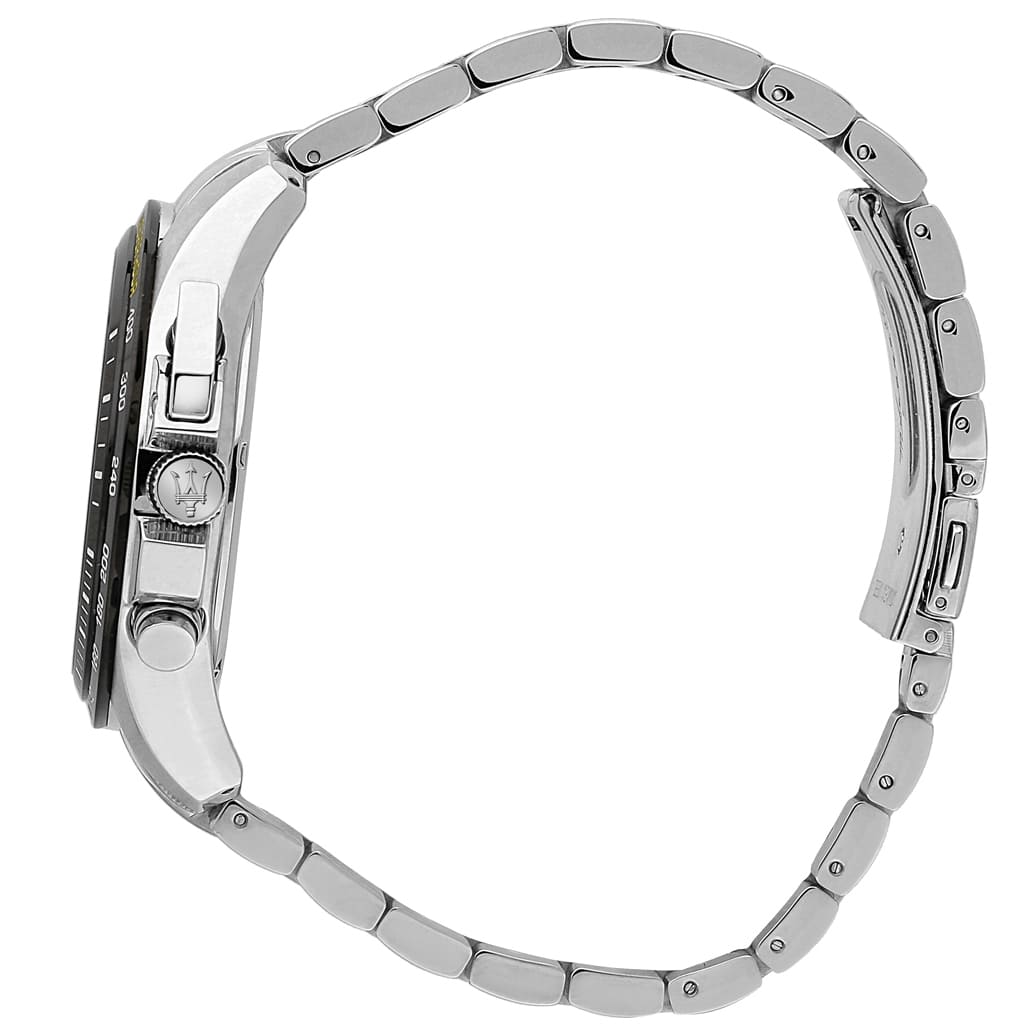 Side profile of Maserati Traguardo R8873612042 men's quartz battery watch showing 12mm thickness and silver finish