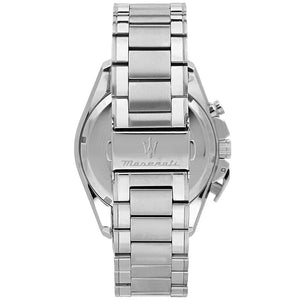 Caseback of Maserati Traguardo R8873612042 men's quartz battery watch showing technical specs 100m water resistance and metal bracelet