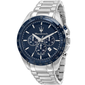 Maserati Traguardo R8873612043 men's quartz battery watch with blue textured dial, silver-tone case, silver stainless steel bracelet main view