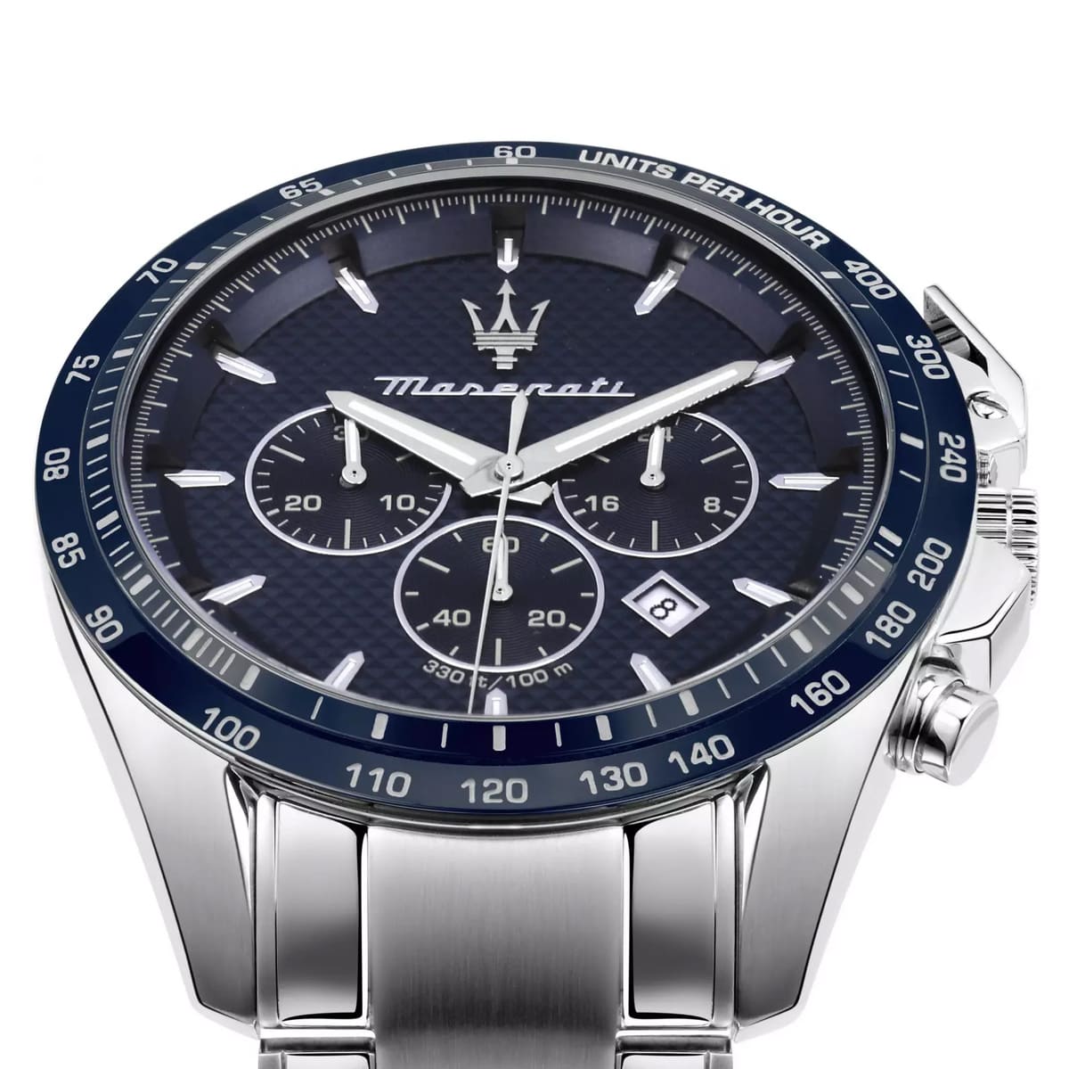 Side profile of Maserati Traguardo R8873612043 men's quartz battery watch showing 12mm thickness and silver finish