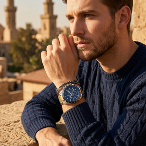 Elegant man wearing Maserati Traguardo R8873612046 men's quartz battery watch with two-tone case and racing style blue dial
