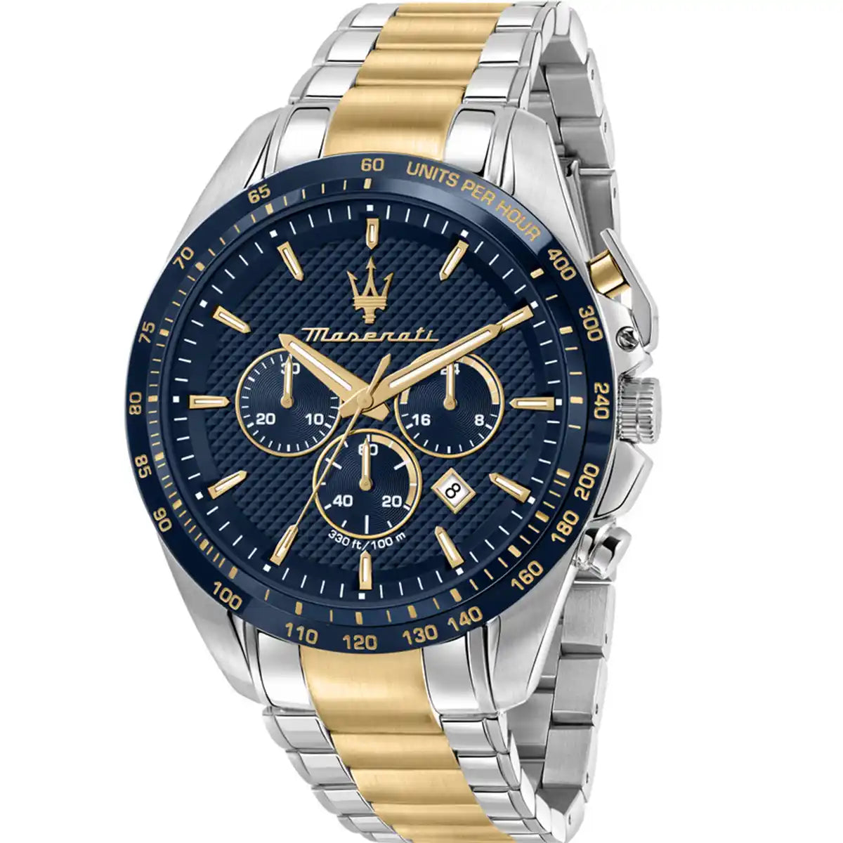 Maserati Traguardo R8873612046 men's quartz battery watch with blue textured dial, two-tone case, two-tone stainless steel bracelet main view