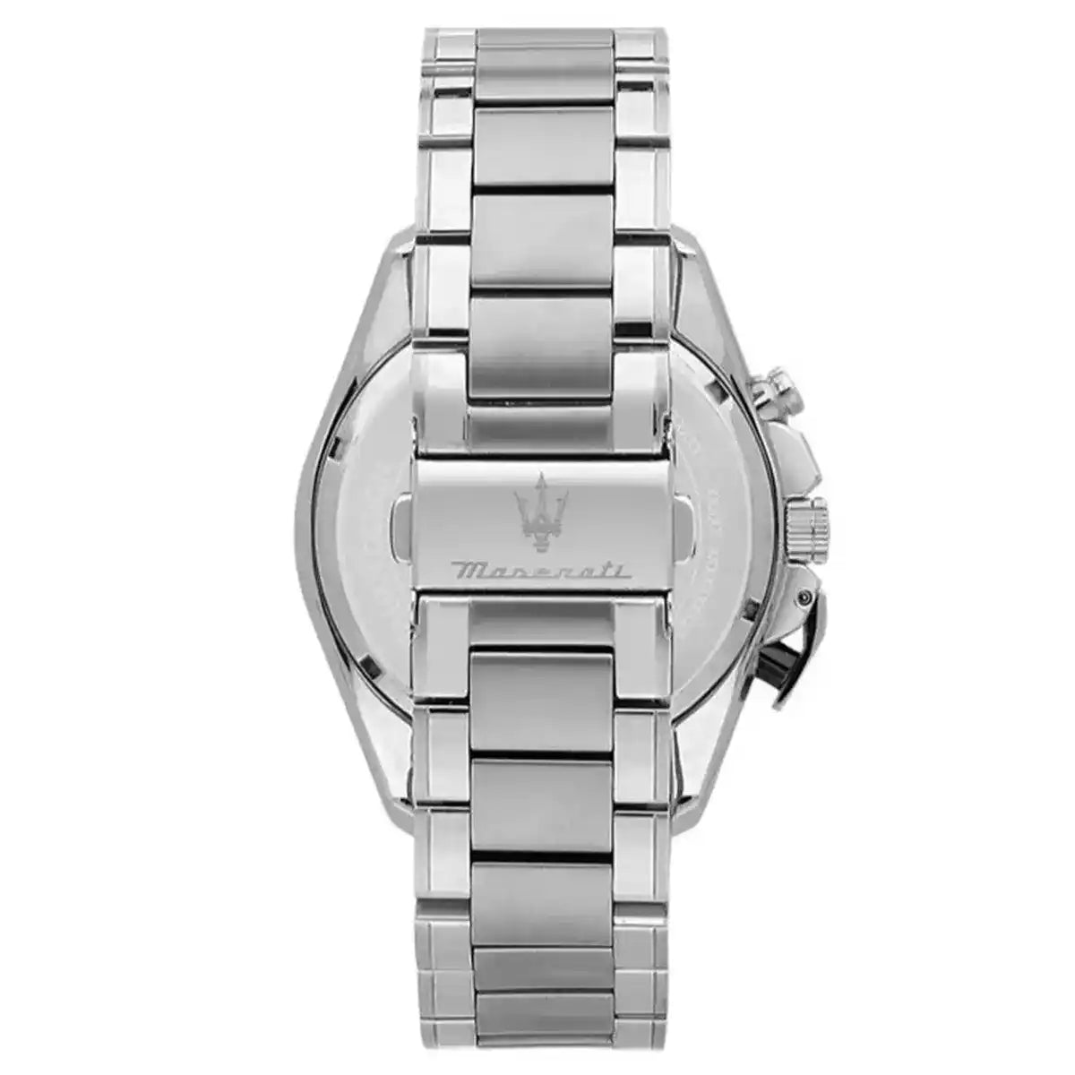 Caseback of Maserati Traguardo R8873612047 men's quartz battery watch showing technical specs 100m water resistance and metal bracelet
