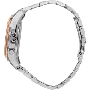 Detailed view of silver-tone crown and rose gold-tone pushers on Maserati Traguardo R8873612047 men's quartz battery watch with black dial