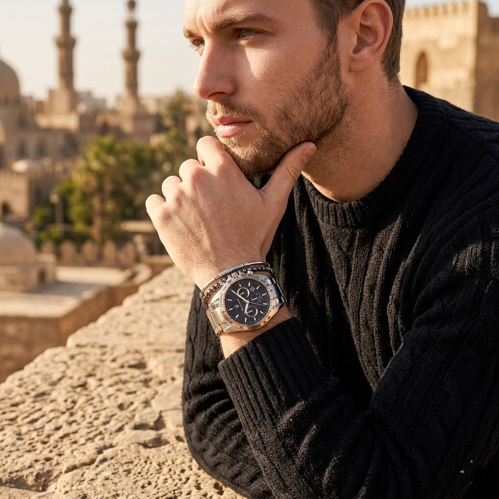 Elegant man wearing Maserati Traguardo R8873612047 men's quartz battery watch with silver and rose gold-tone case and racing style dial