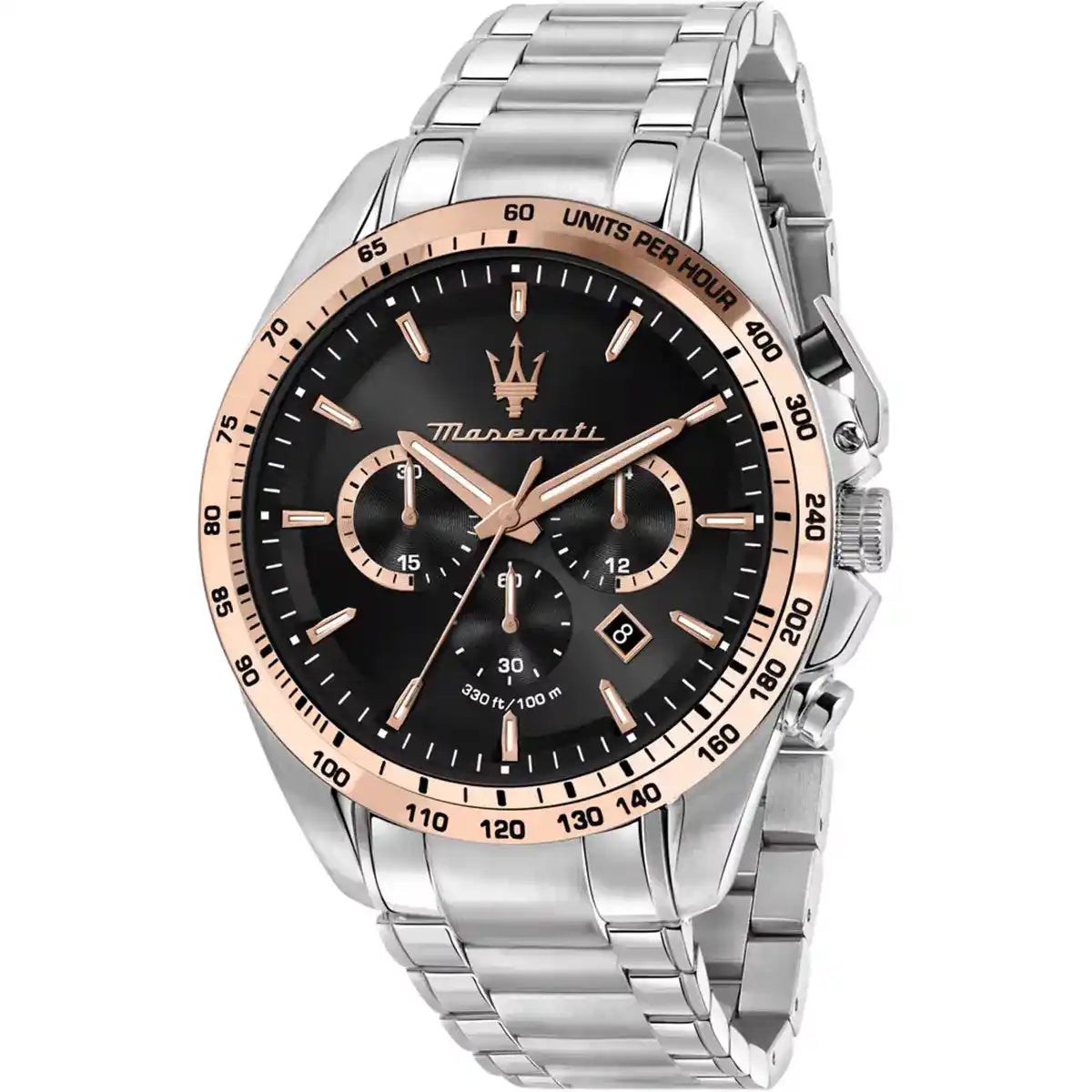 Maserati Traguardo R8873612047 men's quartz battery watch with black dial, silver and rose gold-tone case, silver stainless steel bracelet main view