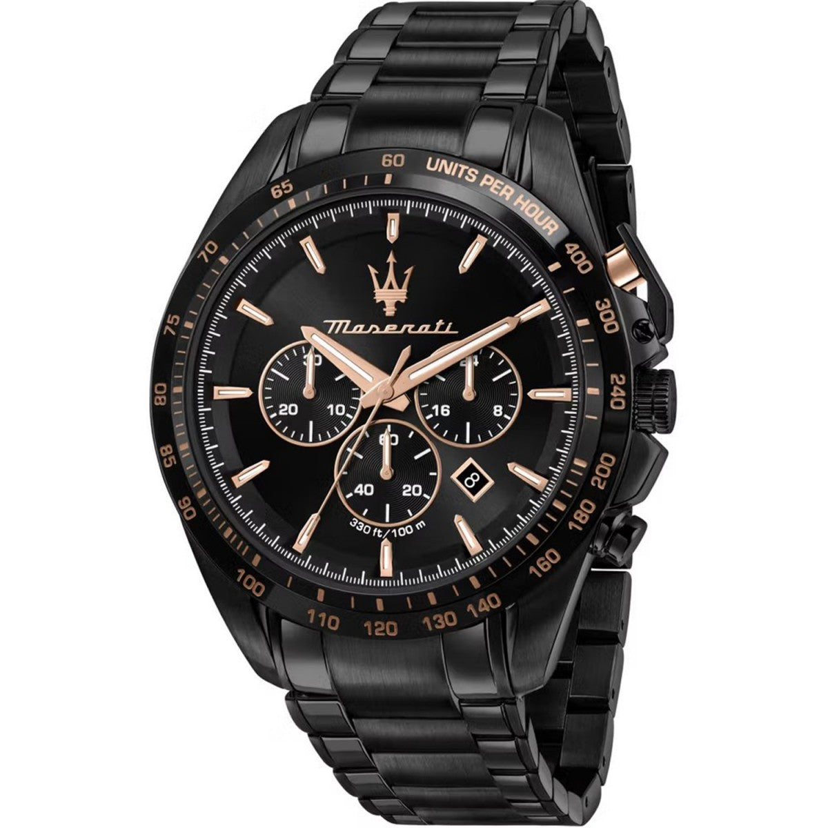 Maserati Traguardo R8873612048 men's watch with full black case, rose gold accents, and stainless steel bracelet