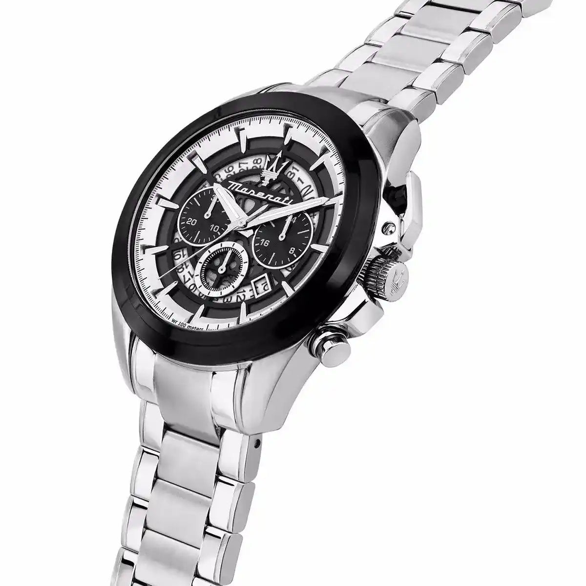 Right angled view of Maserati Traguardo R8873612059 men's quartz battery watch highlighting black bezel and mechanical skeleton details