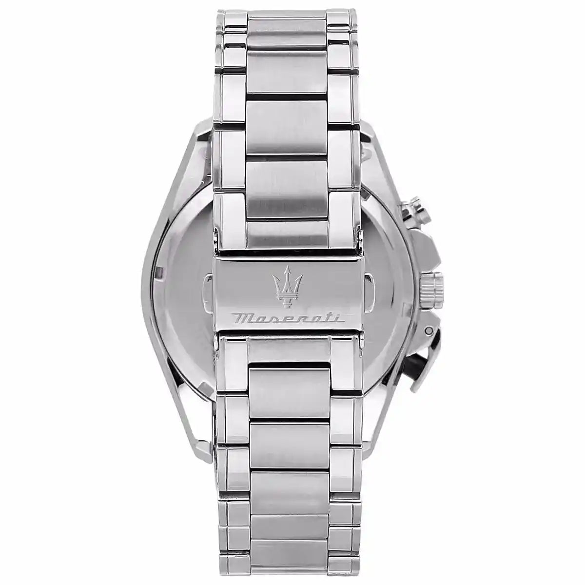 Silver-tone deployment clasp on Maserati Traguardo R8873612059 men's quartz battery silver metal bracelet watch