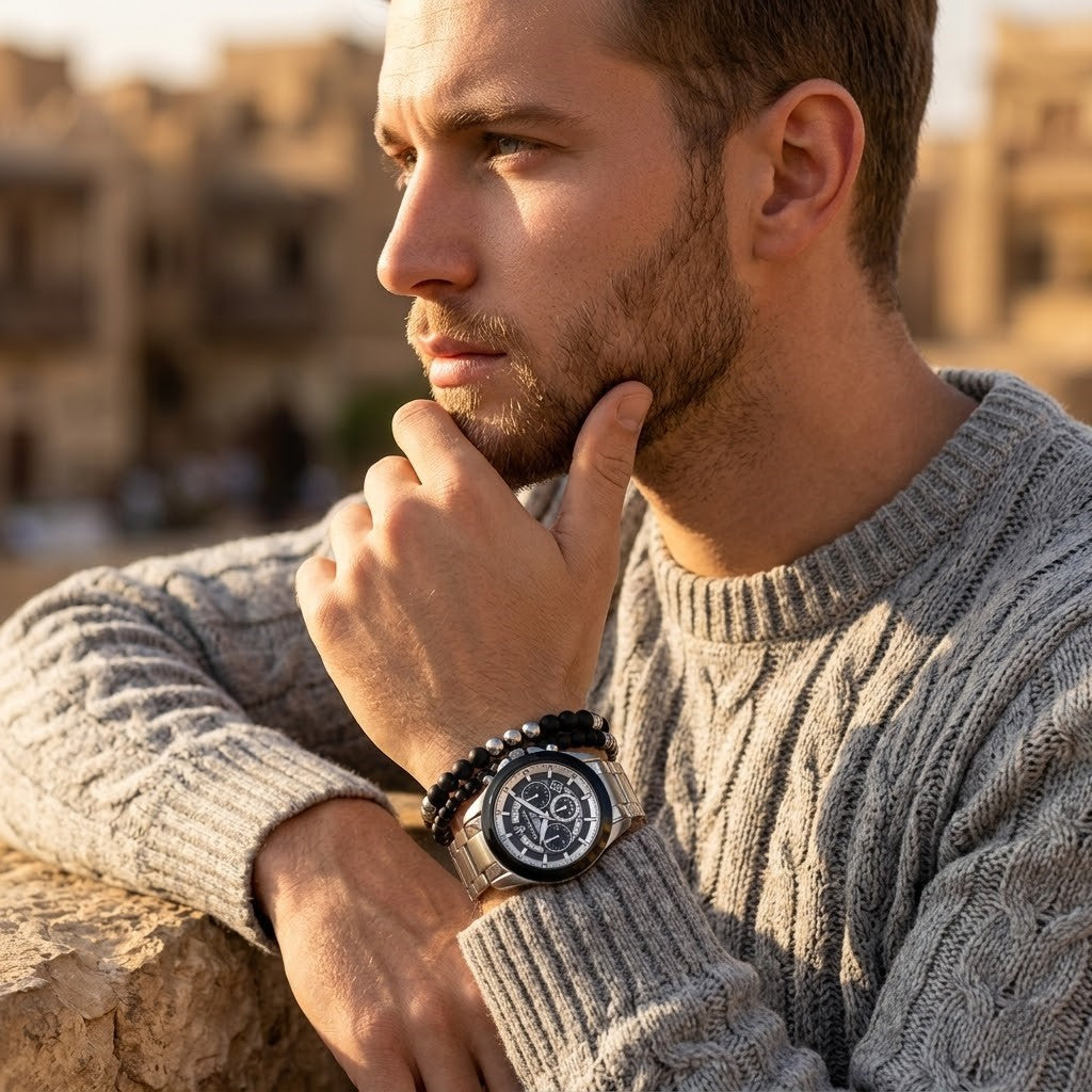 Elegant man wearing Maserati Traguardo R8873612059 men's quartz battery watch with silver case and luxury skeleton dial
