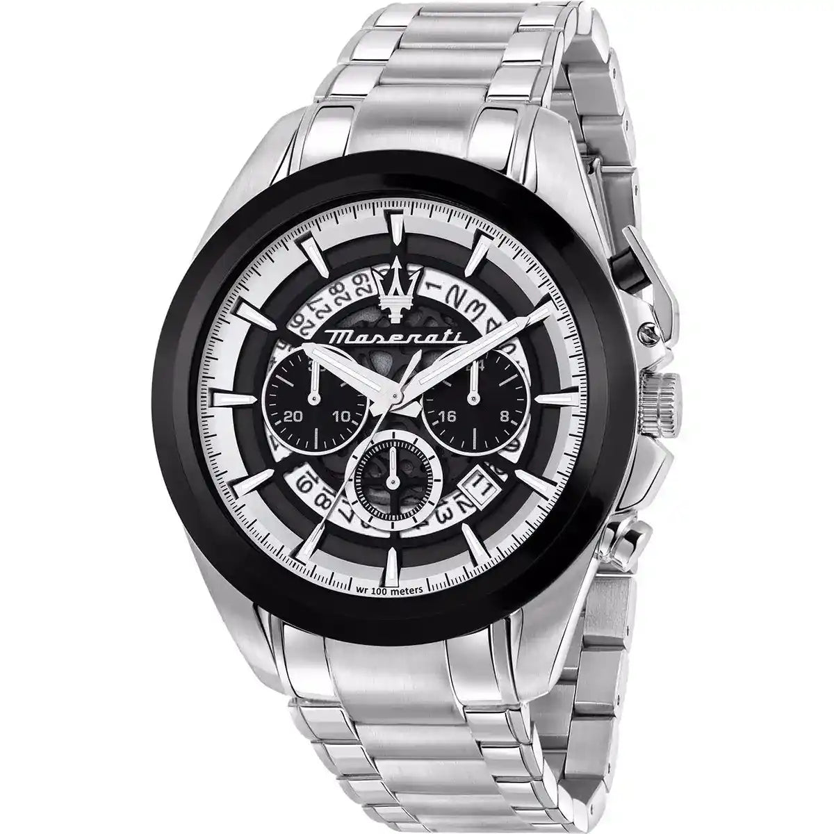 Maserati Traguardo R8873612059 men's quartz battery watch with silver skeleton dial, black bezel, silver-tone case and stainless steel bracelet main view