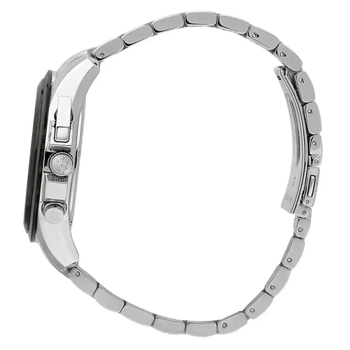 Side profile of Maserati Traguardo R8873612059 men's quartz battery watch showing 12.5mm thickness and silver finish
