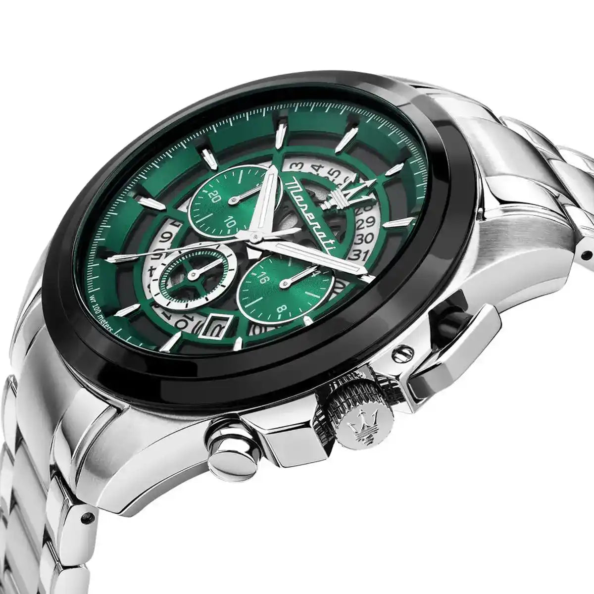 Left angled view of Maserati Traguardo R8873612060 men's quartz battery watch showing silver metal bracelet and silver-tone case profile