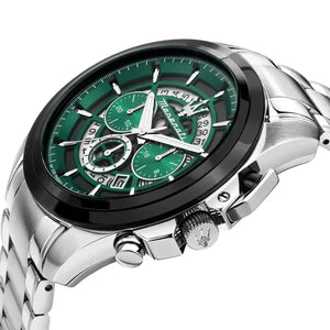 Left angled view of Maserati Traguardo R8873612060 men's quartz battery watch showing silver metal bracelet and silver-tone case profile