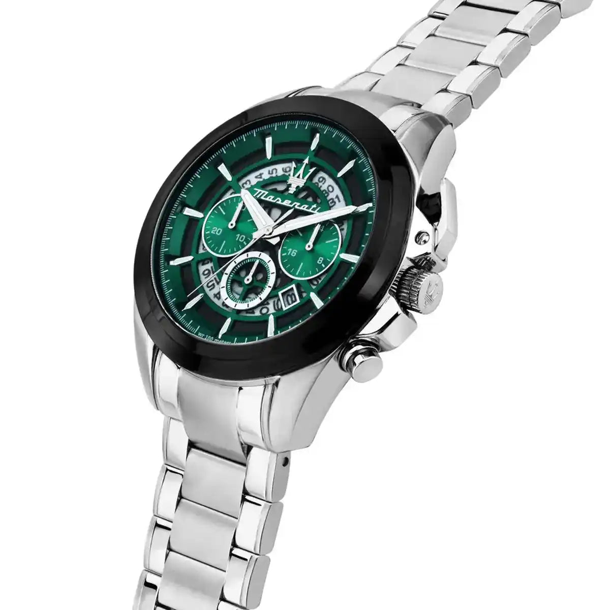 Right angled view of Maserati Traguardo R8873612060 men's quartz battery watch highlighting black bezel and green skeleton details