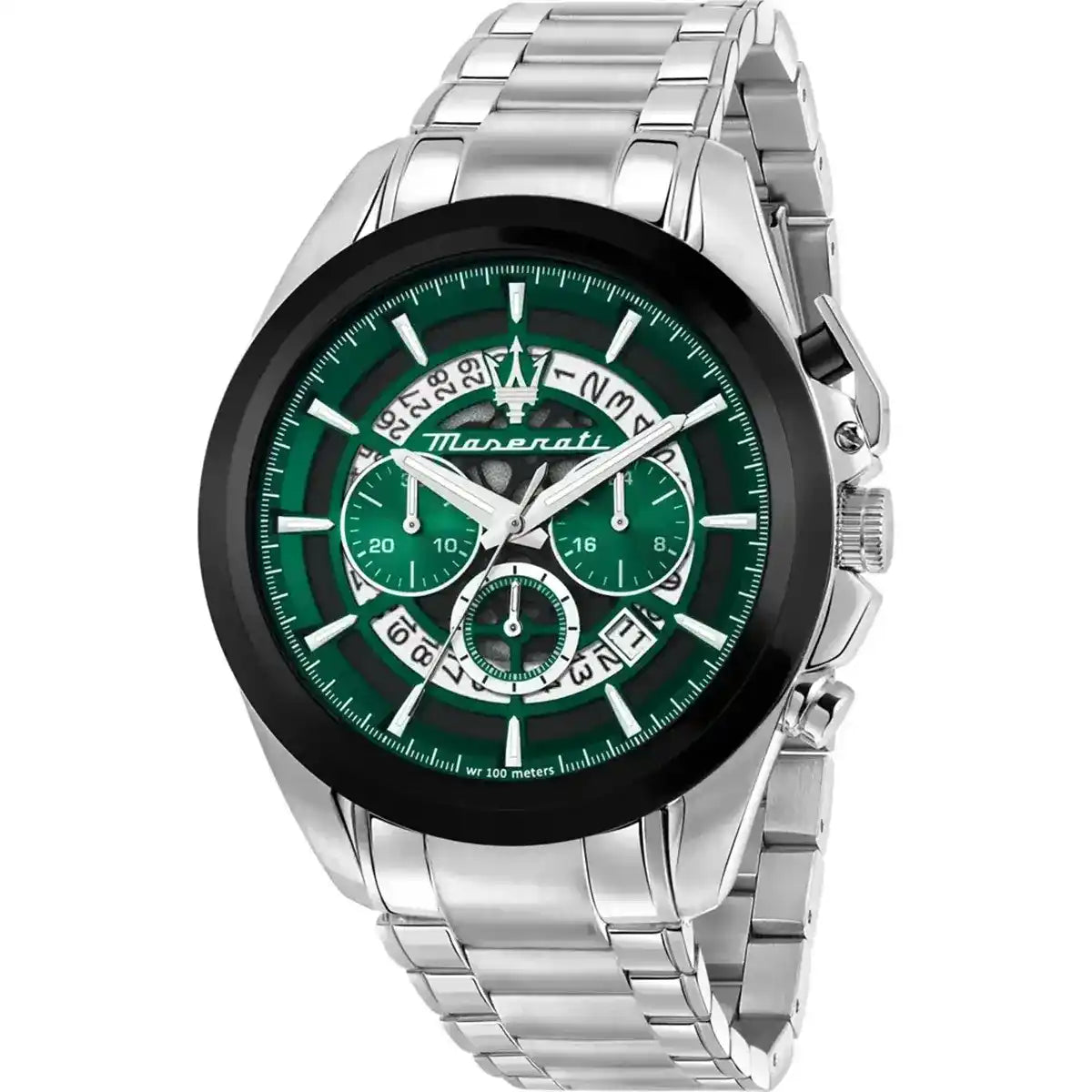 Maserati Traguardo R8873612060 men's quartz battery watch with green emerald skeleton dial, black bezel, silver-tone case and stainless steel bracelet main view