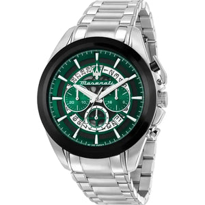 Maserati Traguardo R8873612060 men's quartz battery watch with green emerald skeleton dial, black bezel, silver-tone case and stainless steel bracelet main view