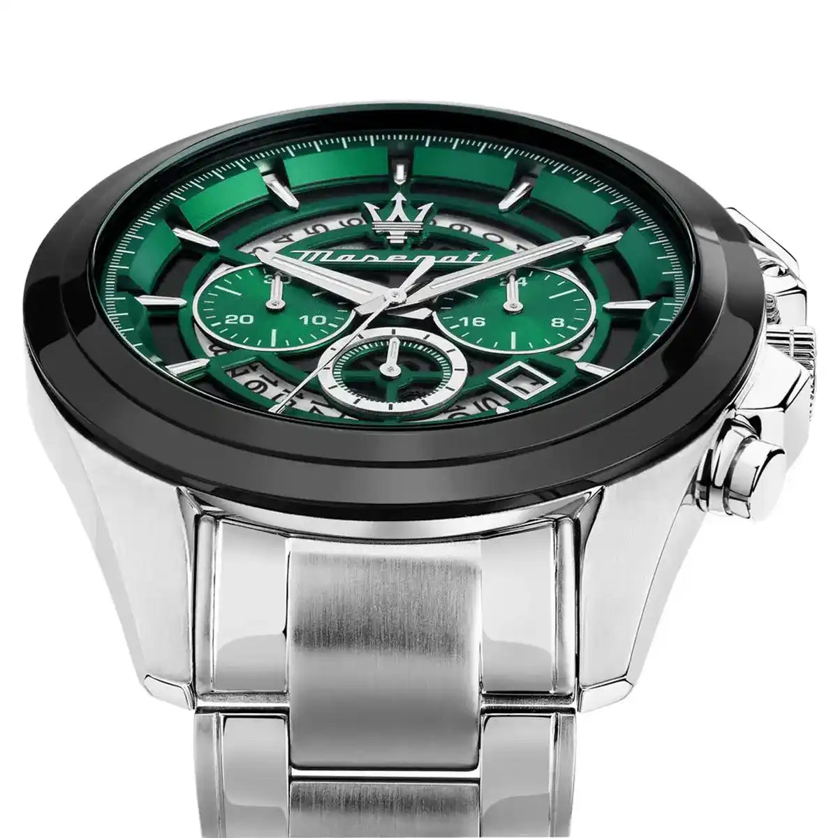 Side profile of Maserati Traguardo R8873612060 men's quartz battery watch showing 12.5mm thickness and silver finish
