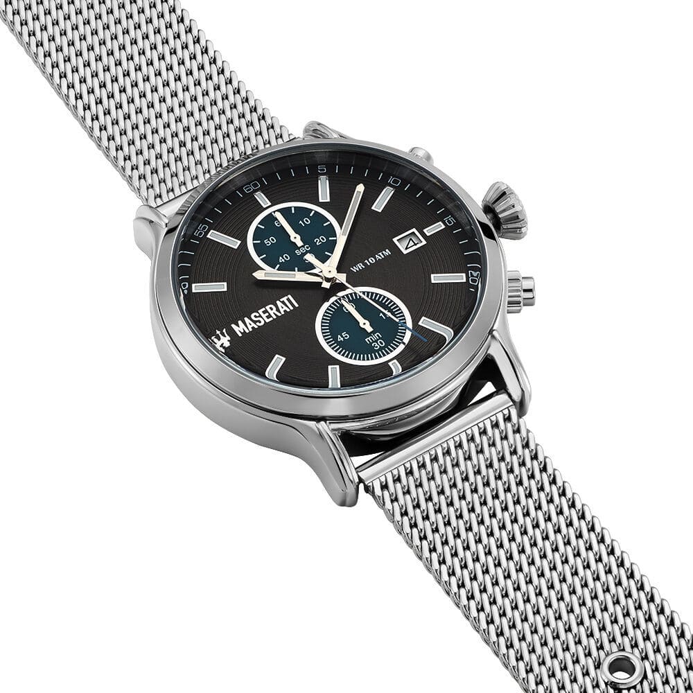 Right angled view of Maserati Epoca R8873618003 men's quartz battery watch highlighting silver finish and blue chronograph details