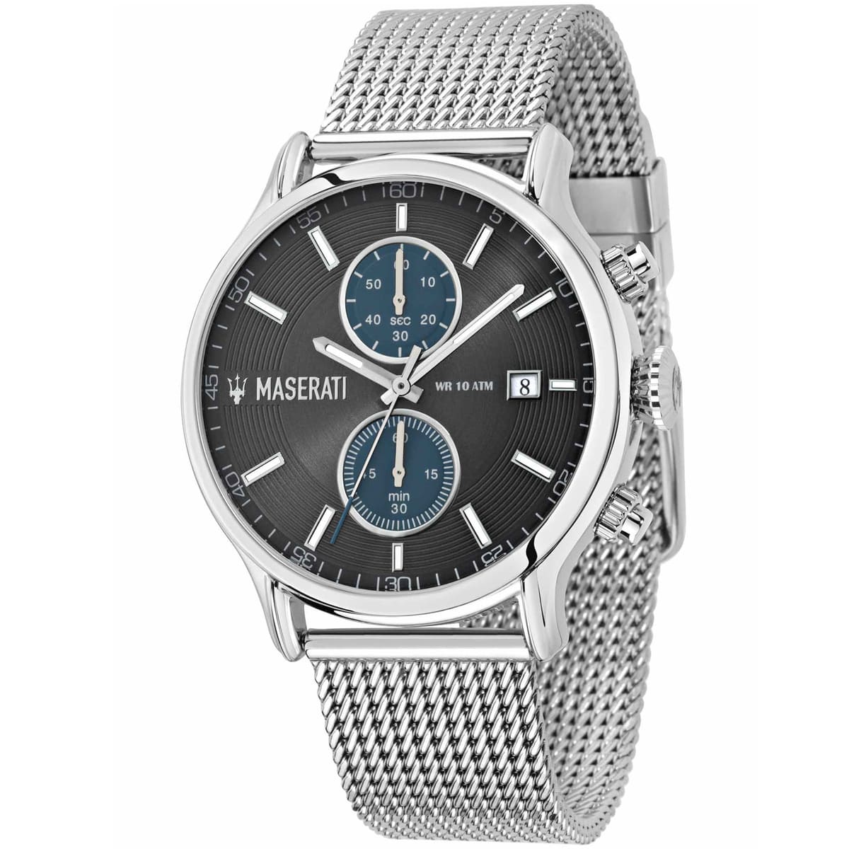 Maserati Epoca R8873618003 men's quartz battery watch with charcoal gray sunray dial, silver-tone case, silver stainless steel mesh strap main view