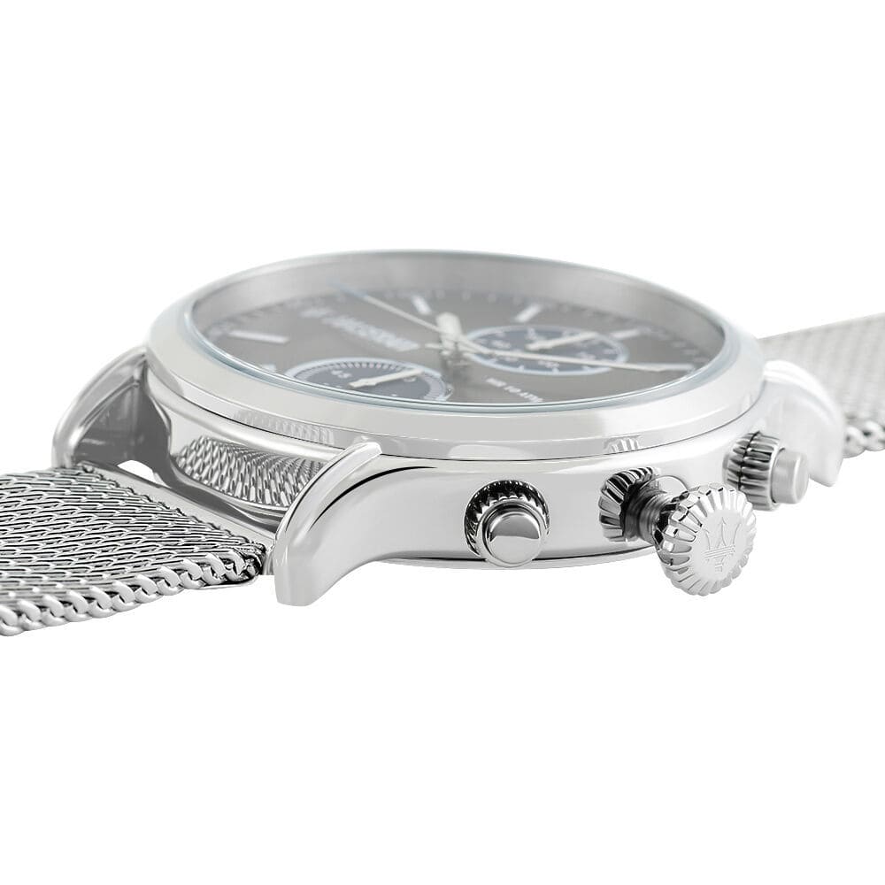 Side profile of Maserati Epoca R8873618003 men's quartz battery watch showing 11mm thickness and silver finish