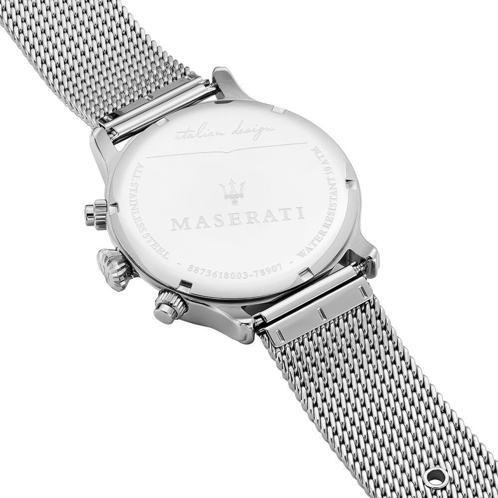 Caseback of Maserati Epoca R8873618003 men's quartz battery watch showing technical specs 100m water resistance and mesh strap