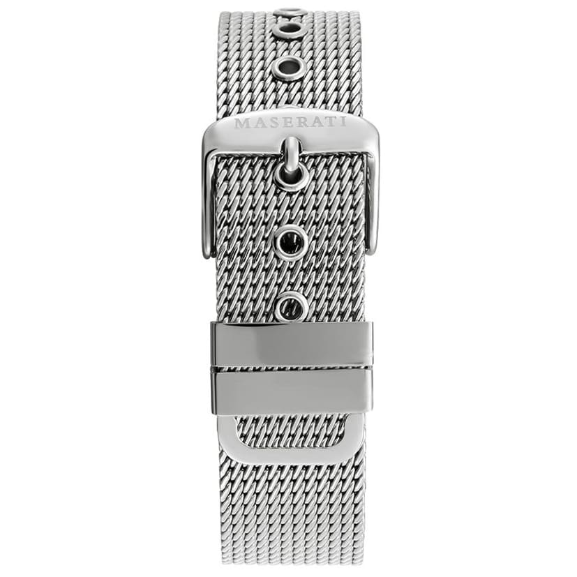 Silver-tone sliding mesh clasp on Maserati Epoca R8873618003 men's quartz battery silver mesh metal watch