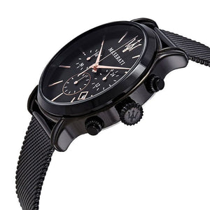 Right angled view of Maserati Epoca R8873618006 men's quartz battery watch highlighting black finish and chronograph sub-dial details